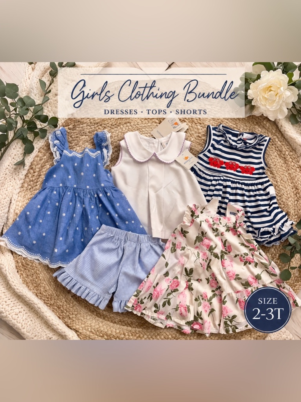 Lot of Girls tops, dresses, shorts in 2-3T - Blue, White, Pink Floral